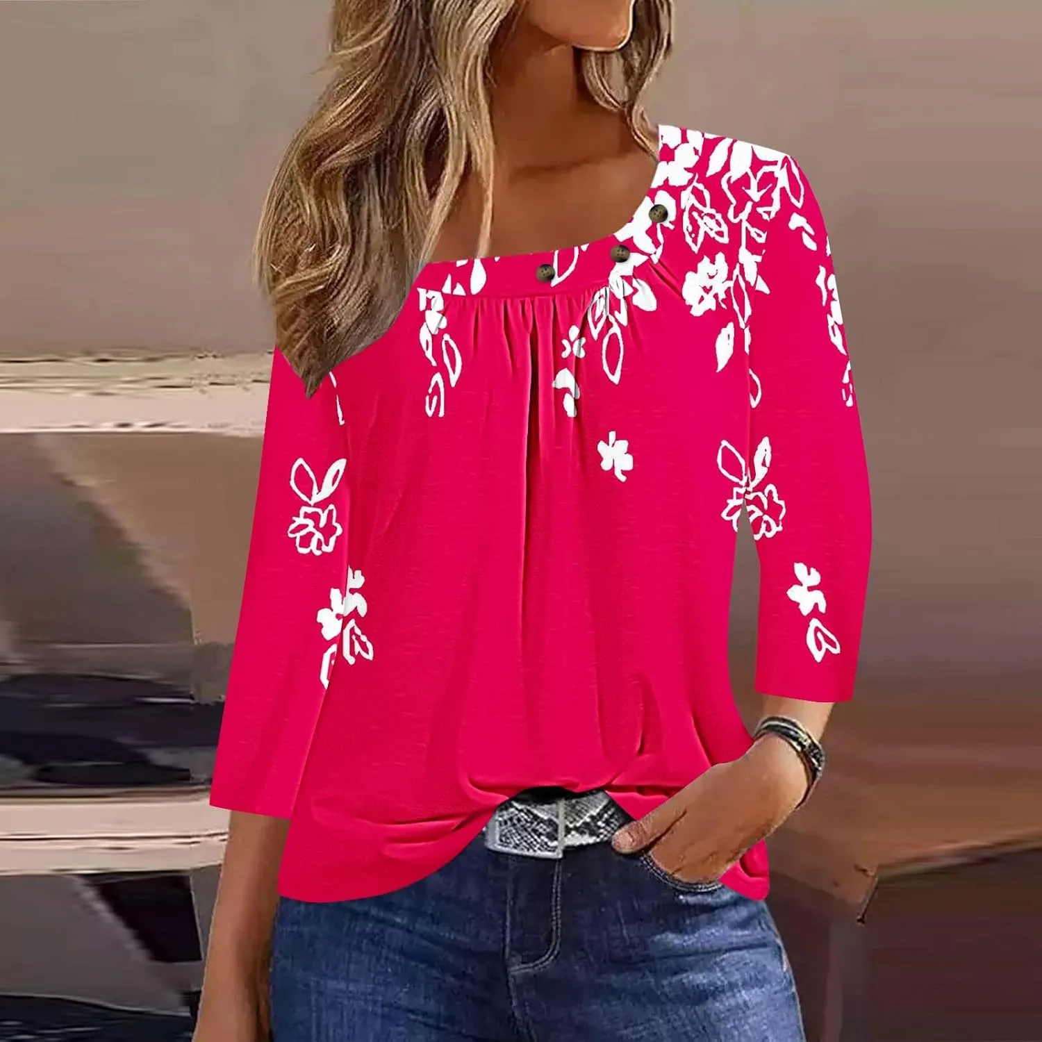 Generic Women's Casual 3/4 Sleeve T-Shirt Square Neck Cute Tunic Tops Button Decor Pleated Dressy Blouse Summer Cute Boho Tee