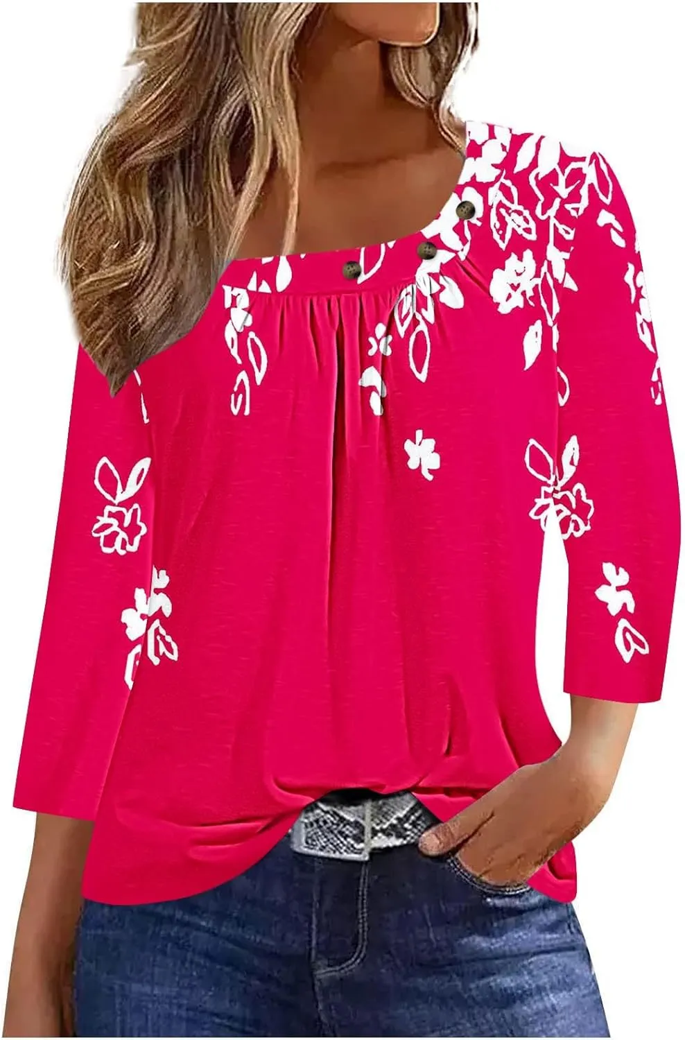 Generic Women's Casual 3/4 Sleeve T-Shirt Square Neck Cute Tunic Tops Button Decor Pleated Dressy Blouse Summer Cute Boho Tee