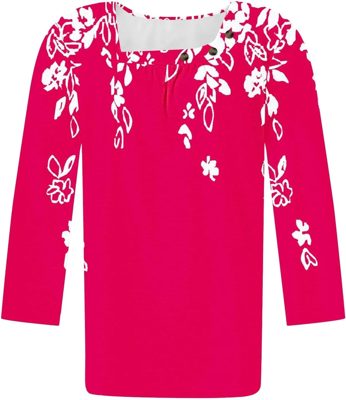 Generic Women's Casual 3/4 Sleeve T-Shirt Square Neck Cute Tunic Tops Button Decor Pleated Dressy Blouse Summer Cute Boho Tee