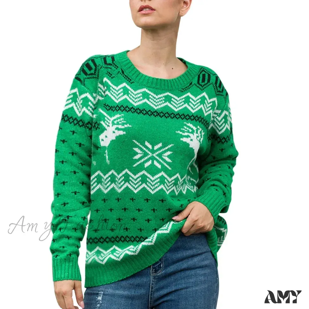 Geometric Pattern Printed Xmas Christmas Party Green Sweater