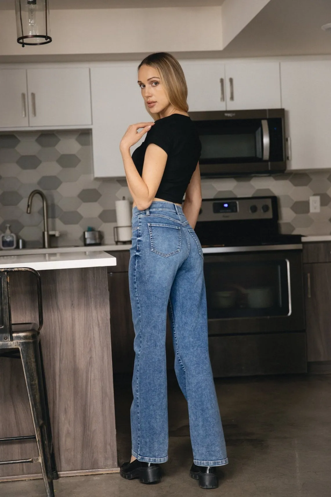 High Rise Wide Leg Pull On Jeans - Medium Indigo