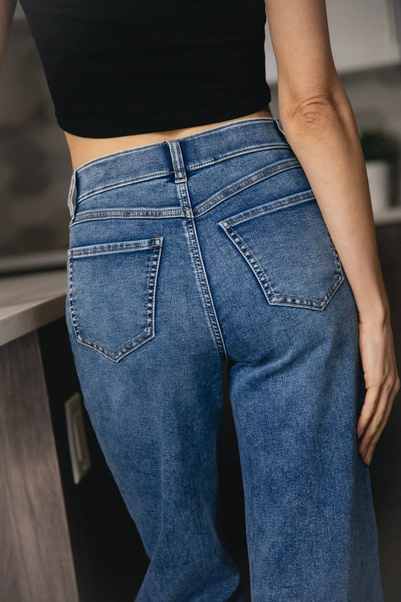 High Rise Wide Leg Pull On Jeans - Medium Indigo