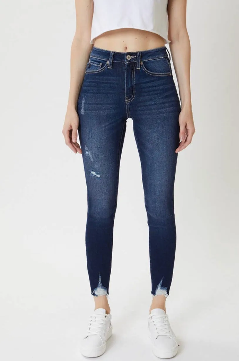 Kan Can Dark Wash Raw Hem Skinny Jeans