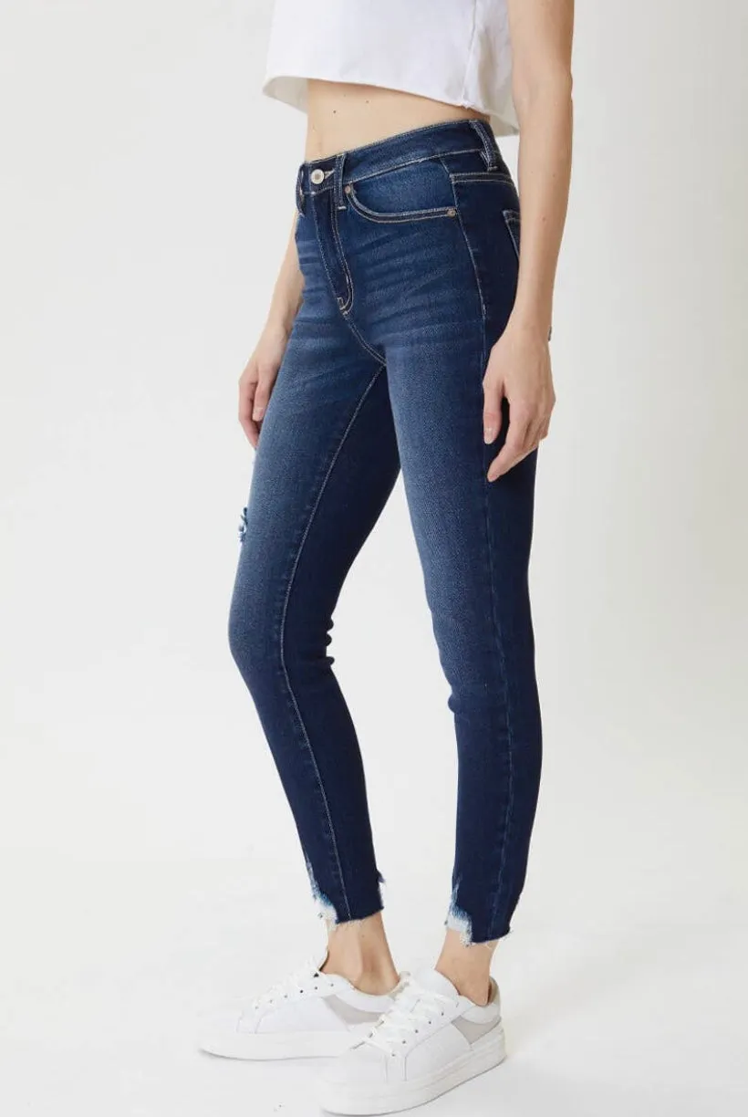 Kan Can Dark Wash Raw Hem Skinny Jeans