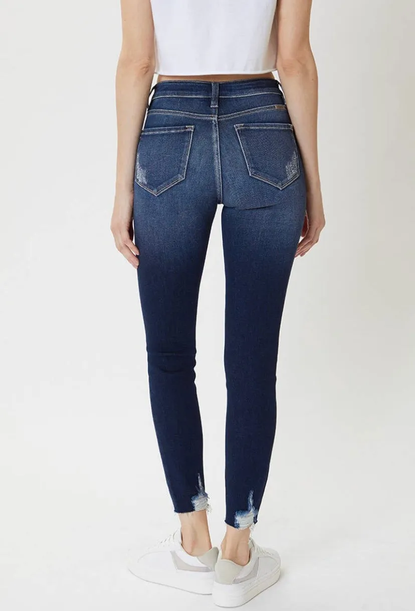 Kan Can Dark Wash Raw Hem Skinny Jeans