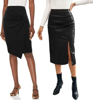 Kate Kasin Women's Faux Leather Skirts and Wrap Midi Pencil Skirt Sets Black Large