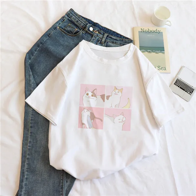 Ladies cartoon Short Sleeve cat Tee casual short tops