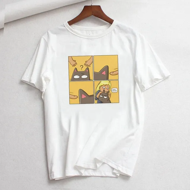 Ladies cartoon Short Sleeve cat Tee casual short tops