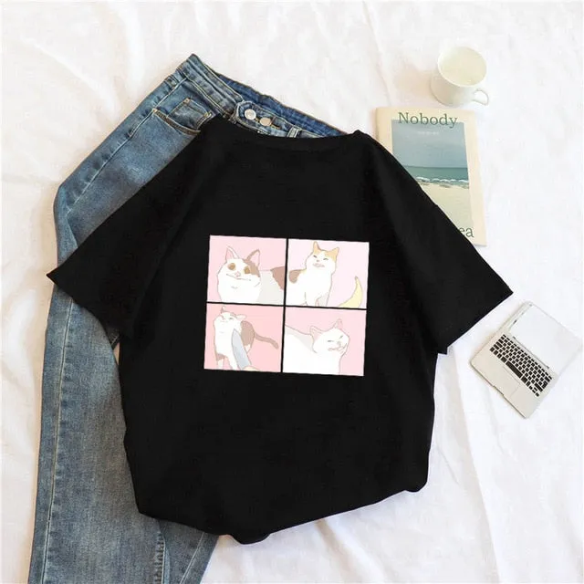 Ladies cartoon Short Sleeve cat Tee casual short tops