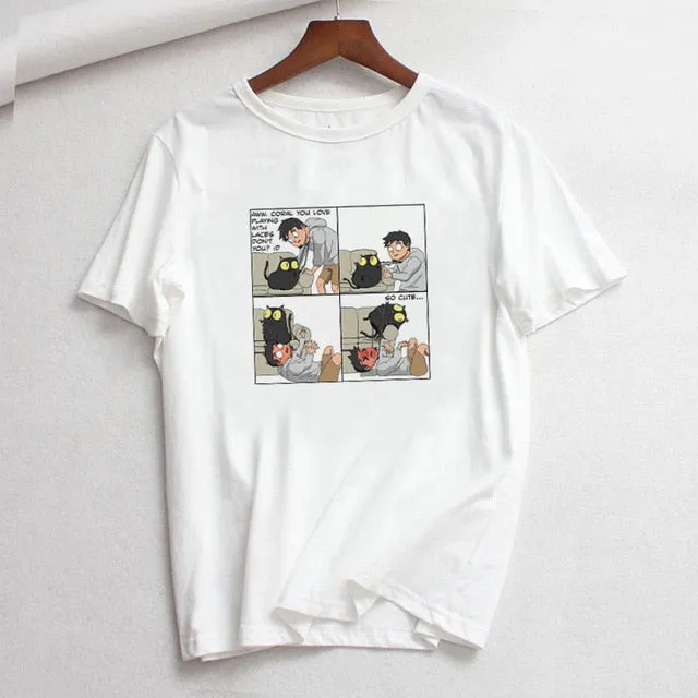 Ladies cartoon Short Sleeve cat Tee casual short tops