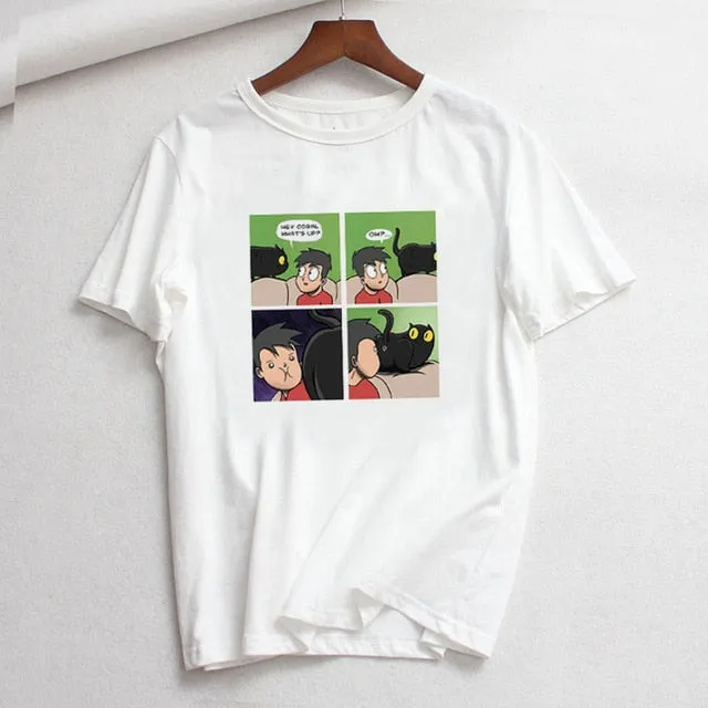 Ladies cartoon Short Sleeve cat Tee casual short tops