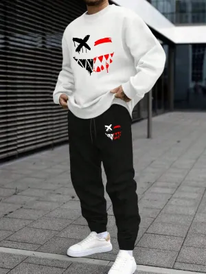 Manfinity EMRG Men's Colorblock Graffiti Graphic Print White Crew Neck Sweatshirt And Slim Jogger Pants Tracksuit Set, Young Street Style For Autumn/Winter
