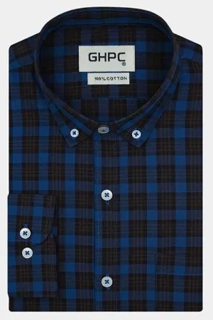 Men's 100% Cotton Dupplin Checkered Full Sleeves Shirt (Blue)