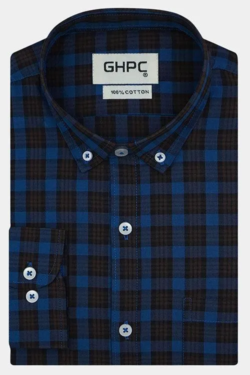 Men's 100% Cotton Dupplin Checkered Full Sleeves Shirt (Blue)