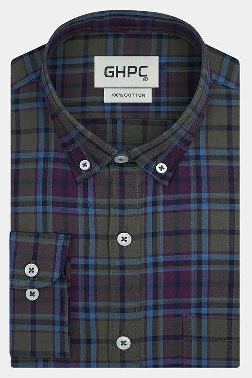 Men's 100% Cotton Plaid Checkered Full Sleeves Shirt (Olive)