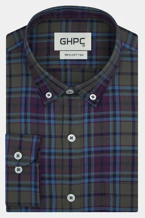 Men's 100% Cotton Plaid Checkered Full Sleeves Shirt (Olive)
