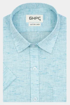 Men's Cotton Linen Half Sleeves Plain Solid Shirt (Aqua)