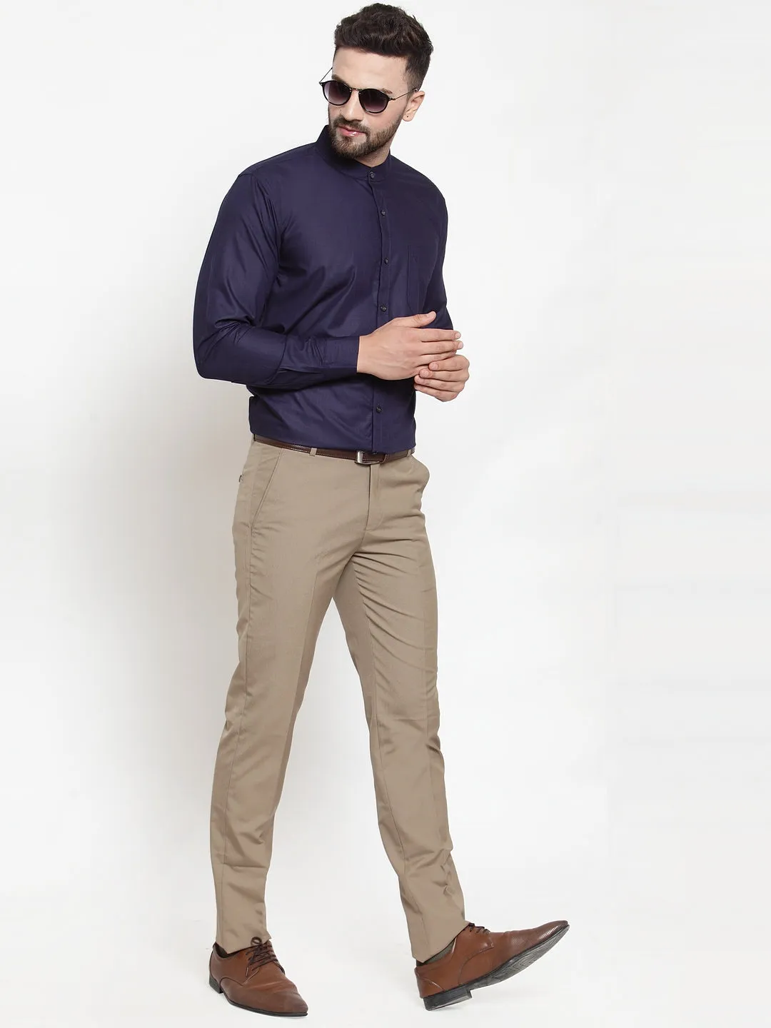 Men's Navy Cotton Solid Mandarin Collar Formal Shirts ( SF 726Navy ) - Jainish