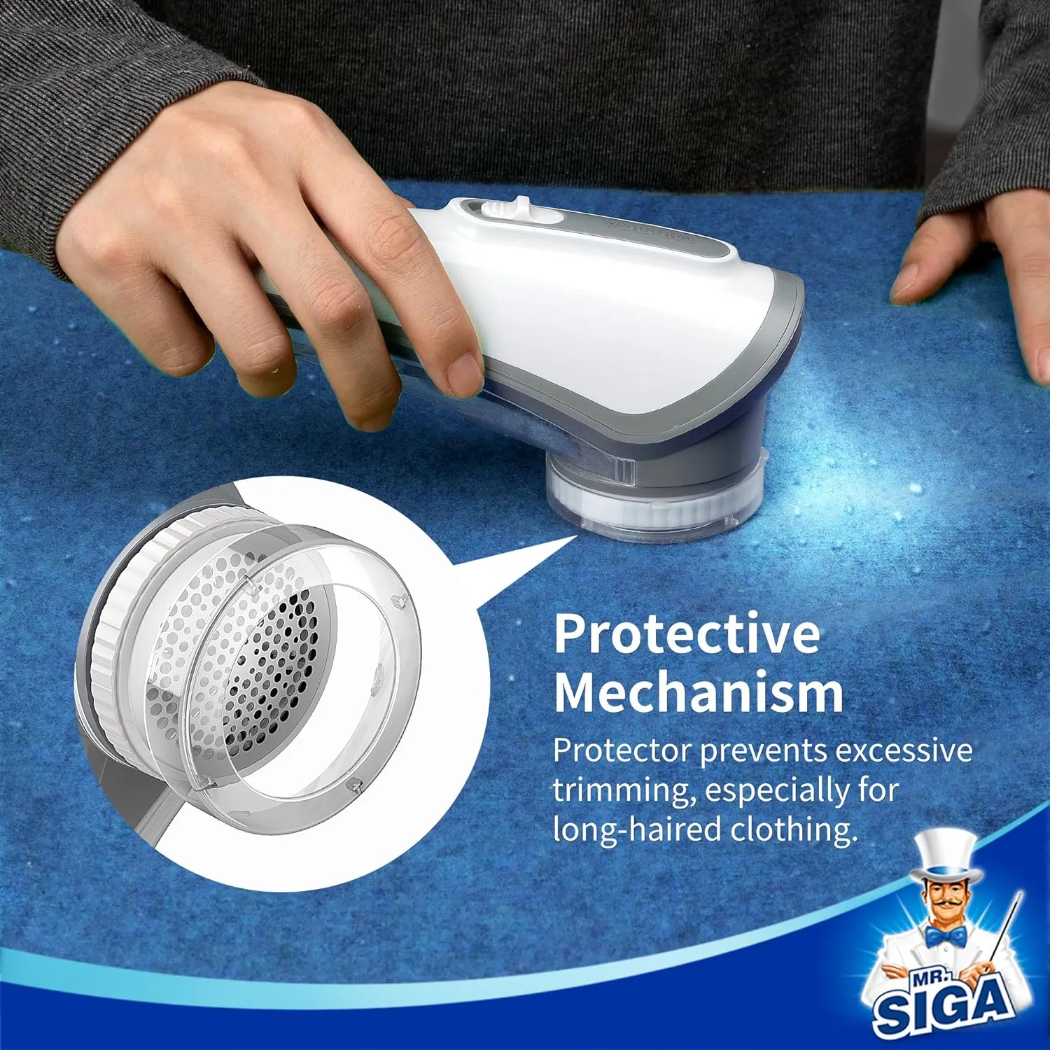 MR.SIGA Fabric Shaver and Lint Remover, Battery Operated Portable Lint Shaver with LED Lights, 2 Replaceable 6-Leaf Blades, Cream/Gray