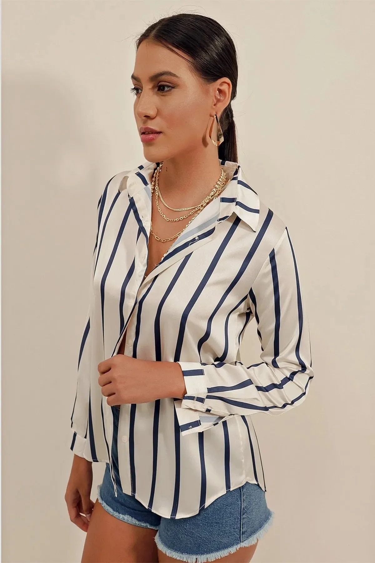 Navy & Ivory Striped Satin Blouse