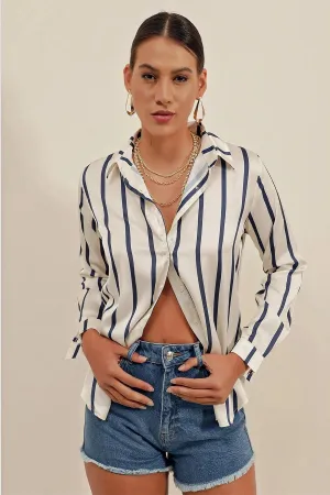 Navy & Ivory Striped Satin Blouse