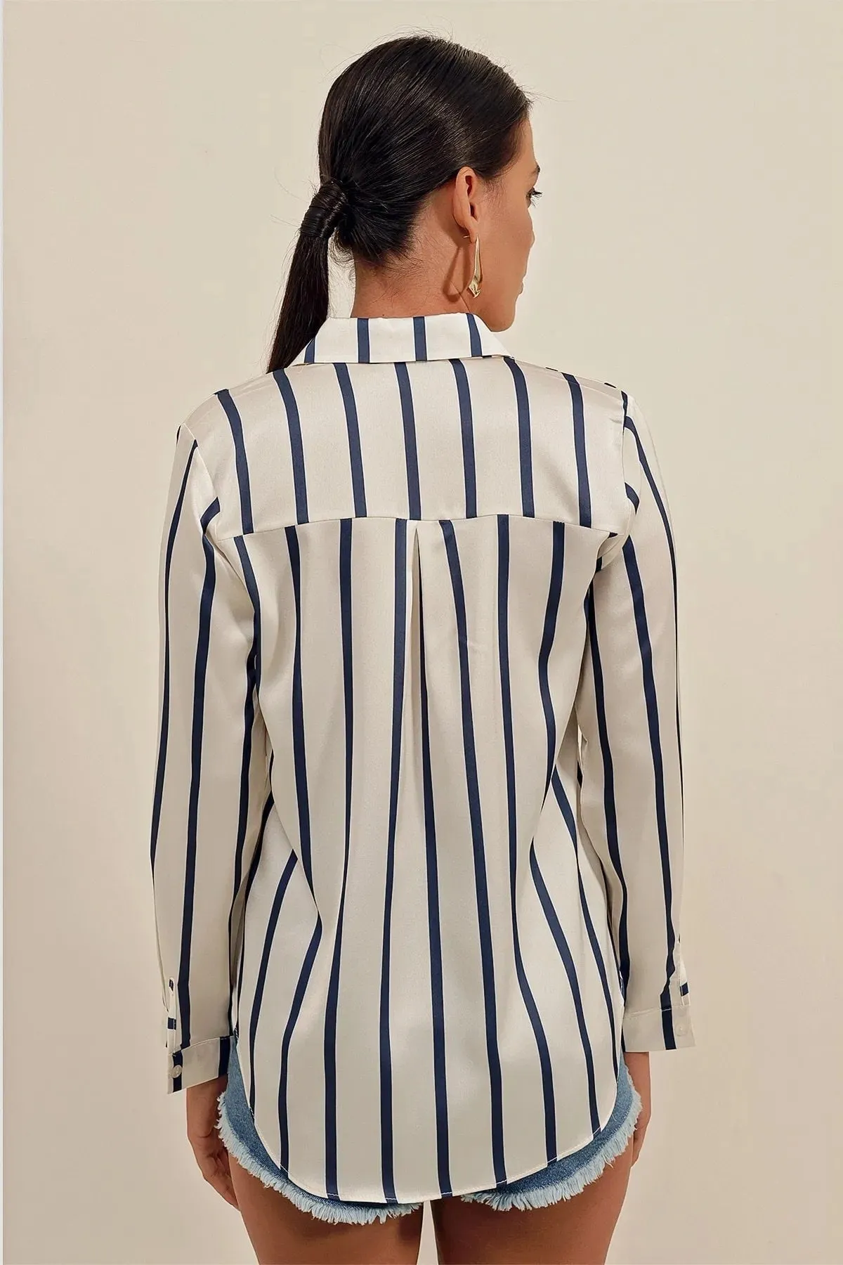 Navy & Ivory Striped Satin Blouse