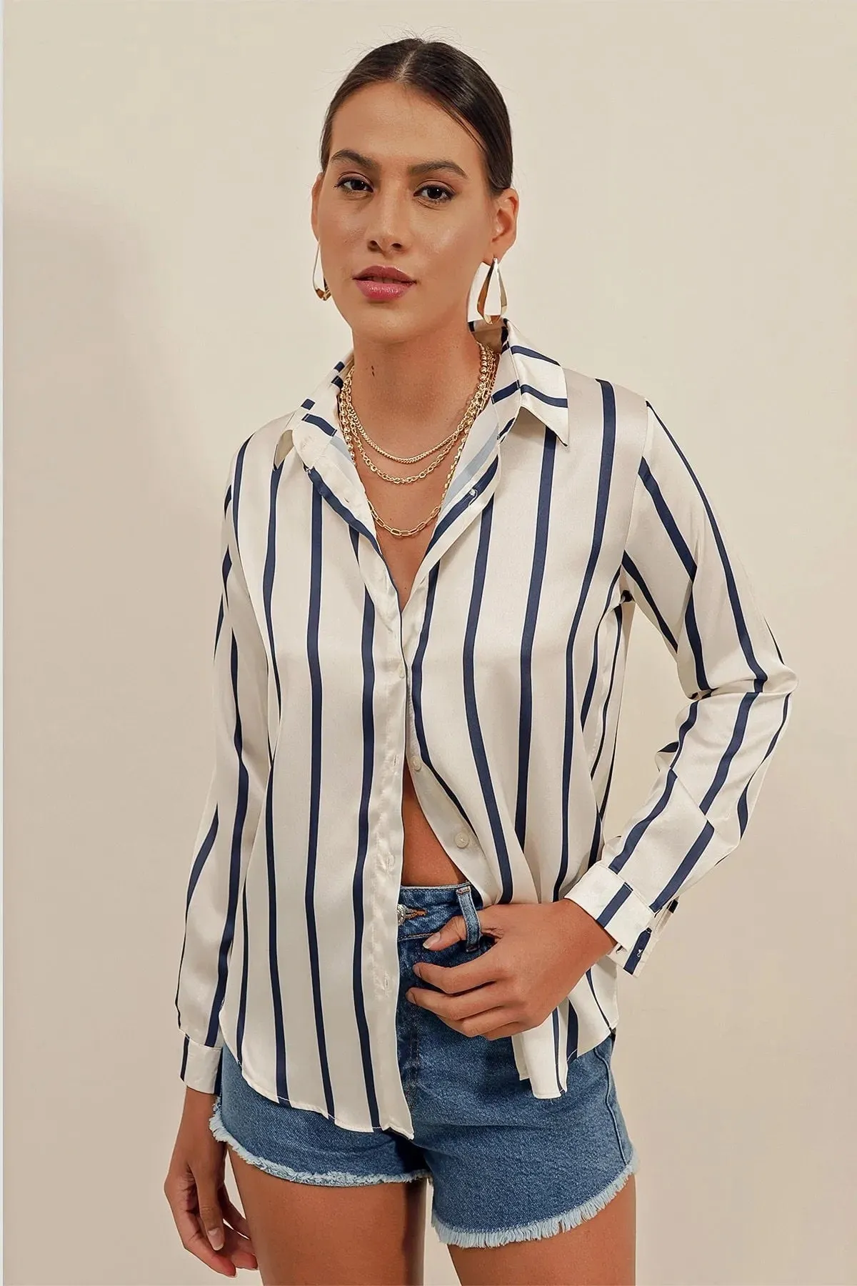 Navy & Ivory Striped Satin Blouse