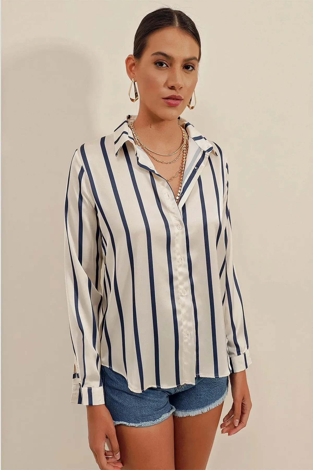 Navy & Ivory Striped Satin Blouse
