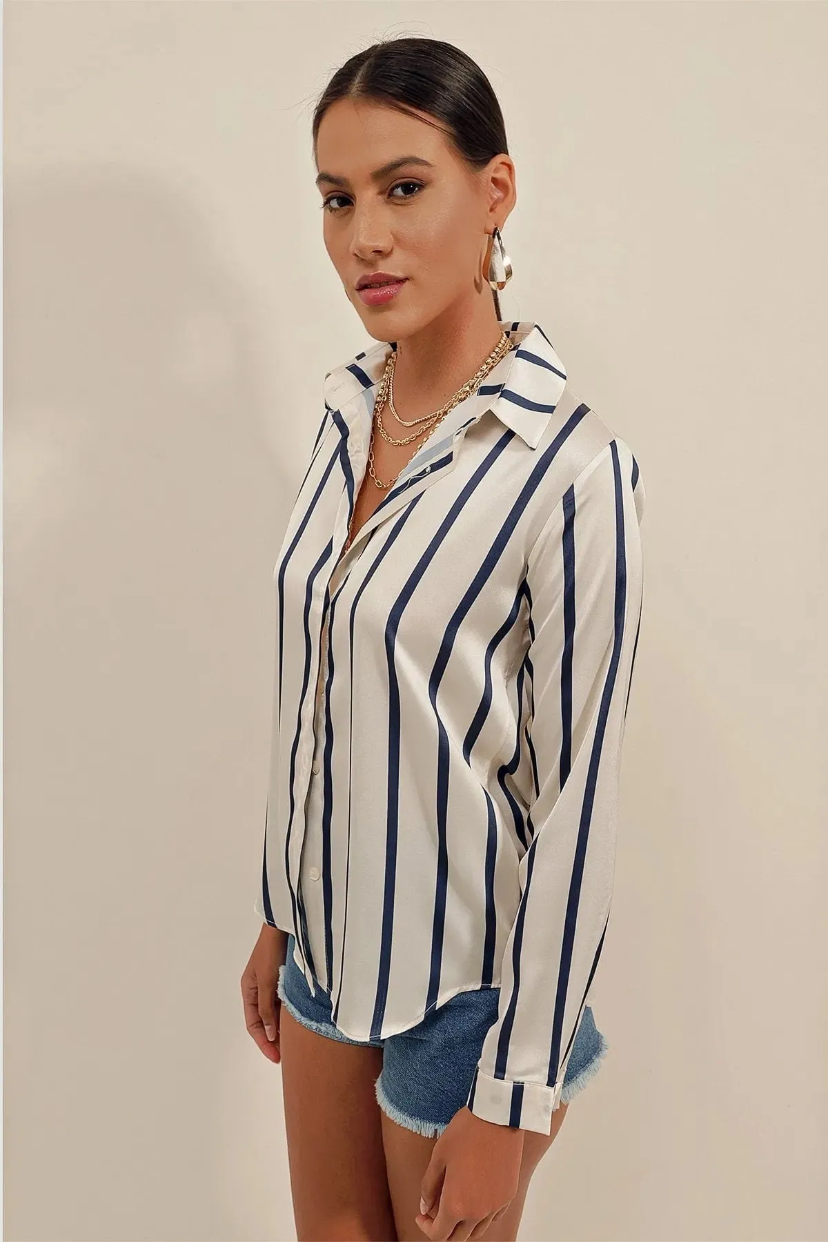Navy & Ivory Striped Satin Blouse