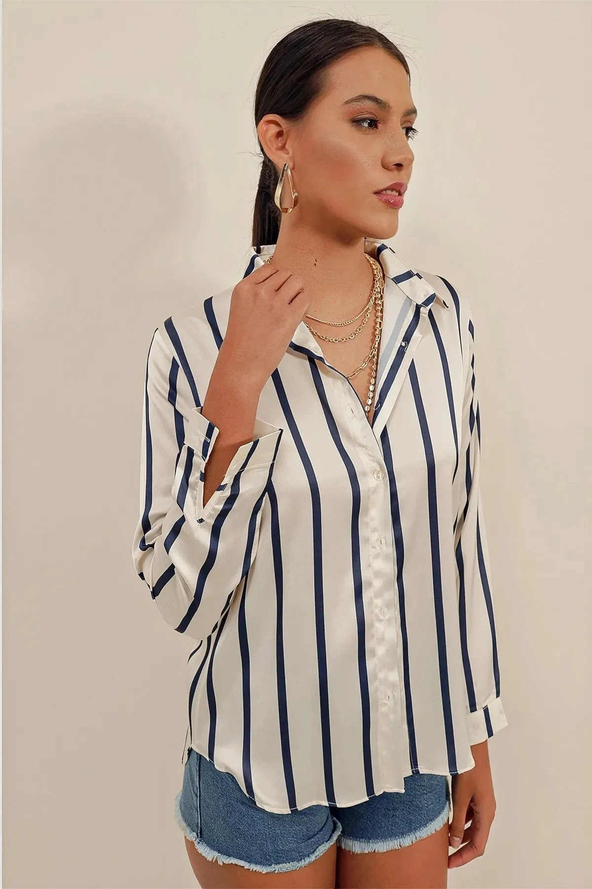 Navy & Ivory Striped Satin Blouse