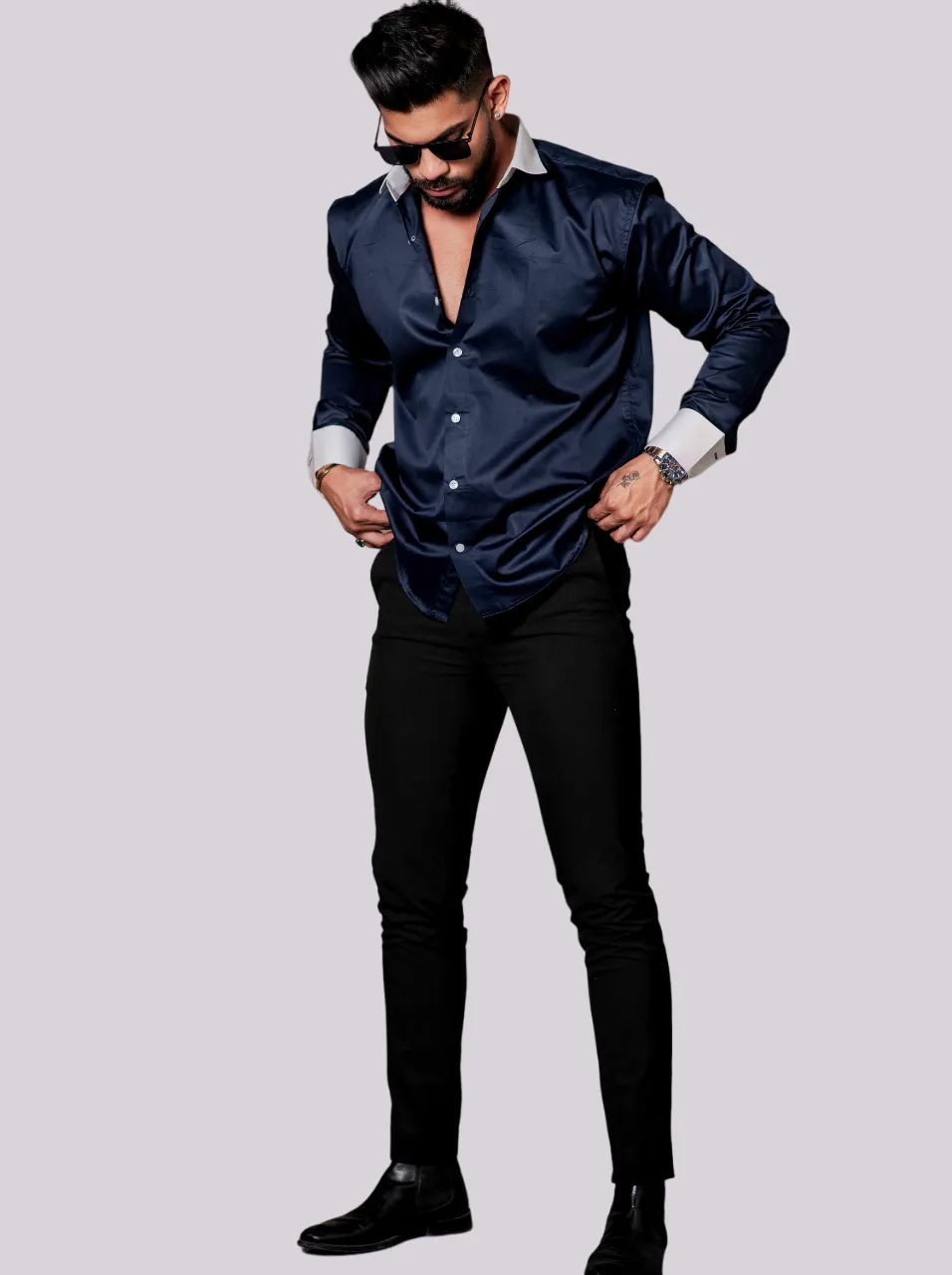 NAVY BLUE SATIN COTTON PREMIUM SHIRT