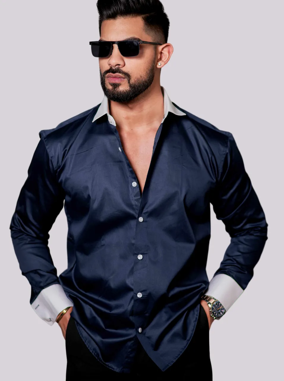 NAVY BLUE SATIN COTTON PREMIUM SHIRT