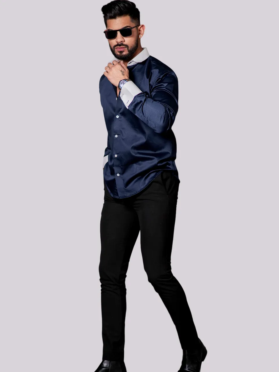 NAVY BLUE SATIN COTTON PREMIUM SHIRT