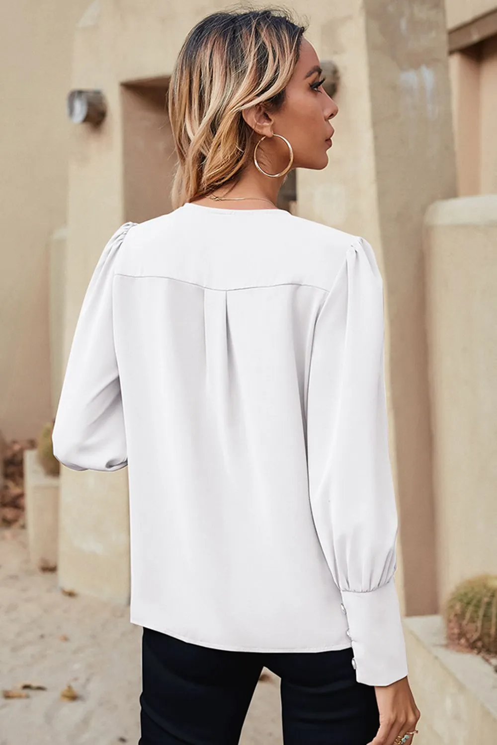 Notched Neck Lantern Sleeve Ruffle Trim Blouse