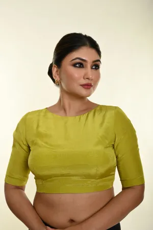 Olive Green Silk Crepe Blouse with Boatneck Neckline and Elbow Sleeve