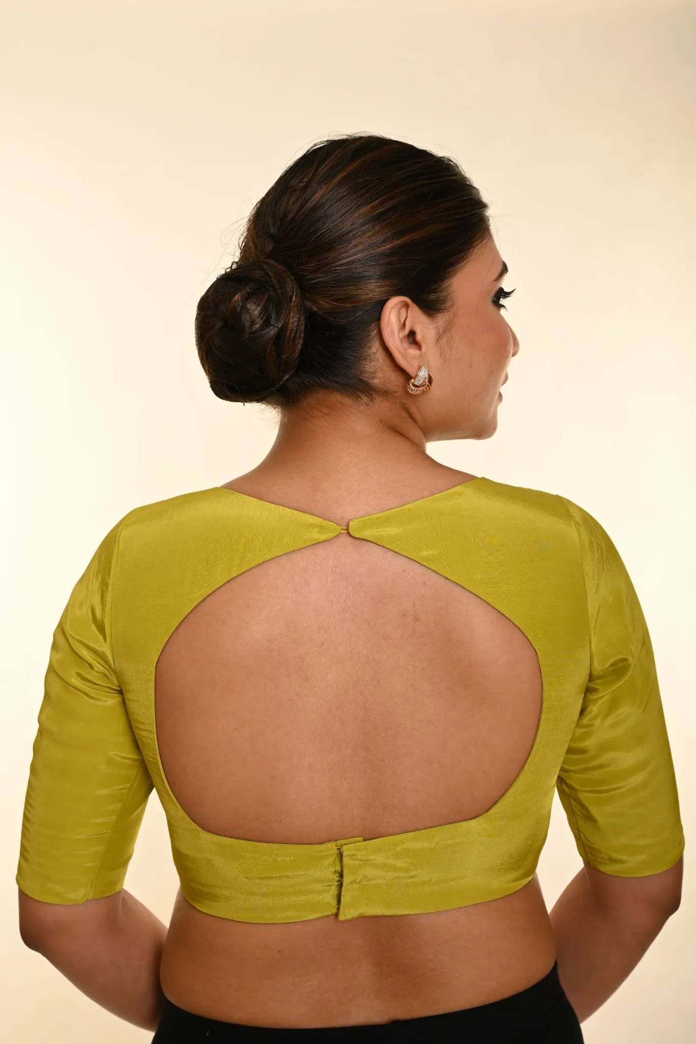 Olive Green Silk Crepe Blouse with Boatneck Neckline and Elbow Sleeve