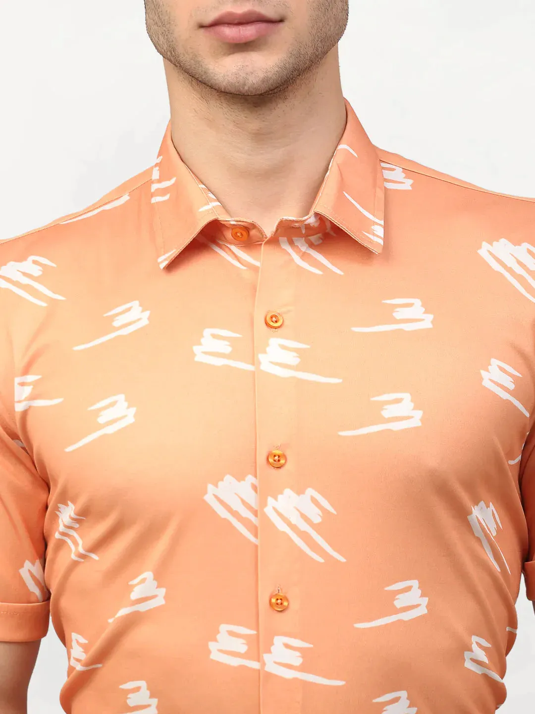 Peach Men'S Printed Lycra Half Sleevess Formal Shirts