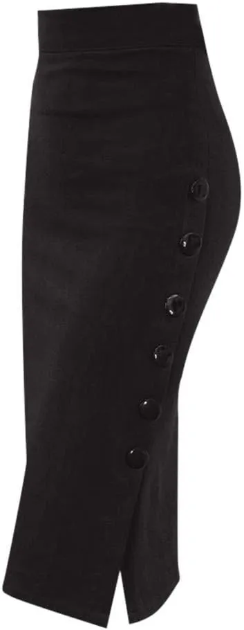 Pencil Skirt for Women Elastic High Waist Button Slit Business Work Bodycon Skirts Tummy Control Knee Length Midi Dress