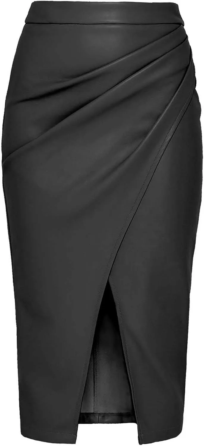 Pencil Skirt for Women Slim Fit High Elastic Waist PU Leather Split Workout Business Midi Skirt Zipper Back