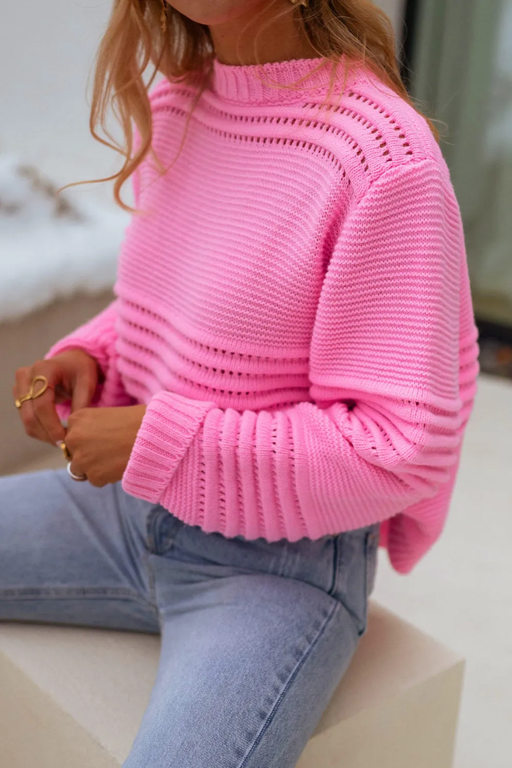 Pink Eyelet Mock Neck Casual Sweater