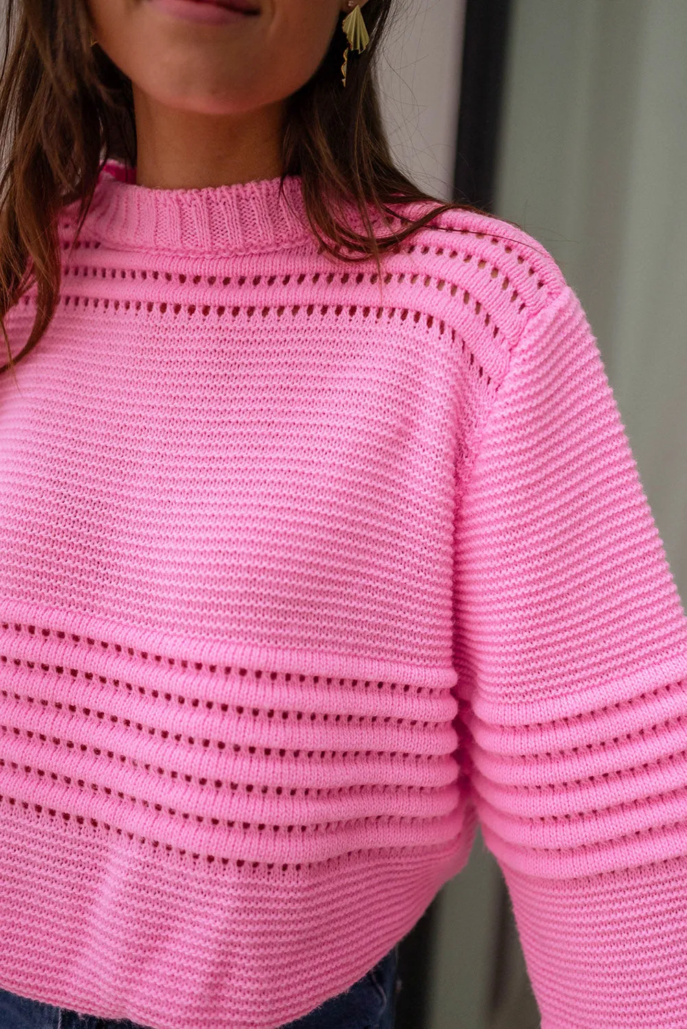 Pink Eyelet Mock Neck Casual Sweater
