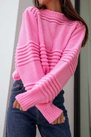 Pink Eyelet Mock Neck Casual Sweater