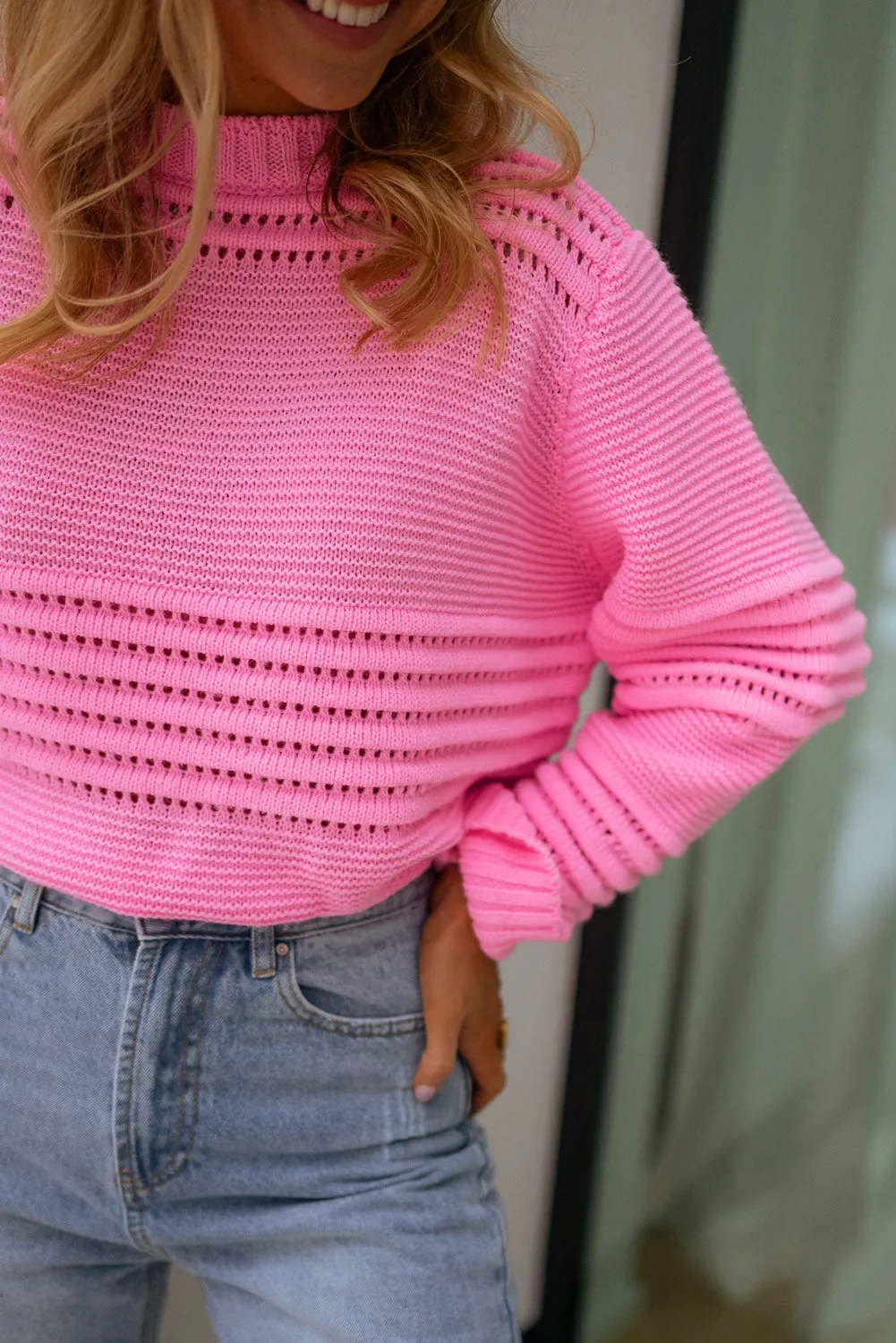 Pink Eyelet Mock Neck Casual Sweater