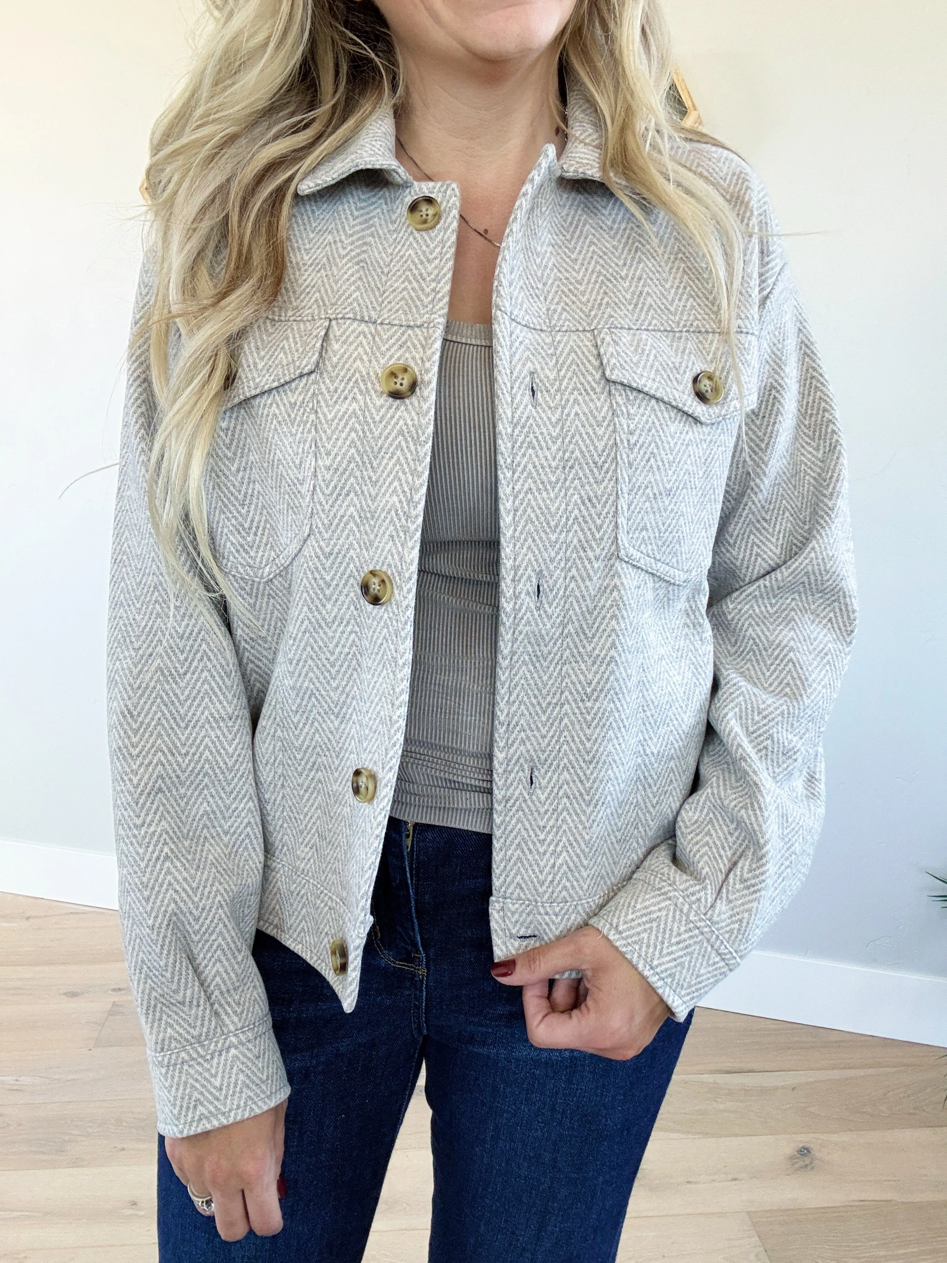Put Yourself Out There Cropped Chevron Jacket in Heather Earth Gray