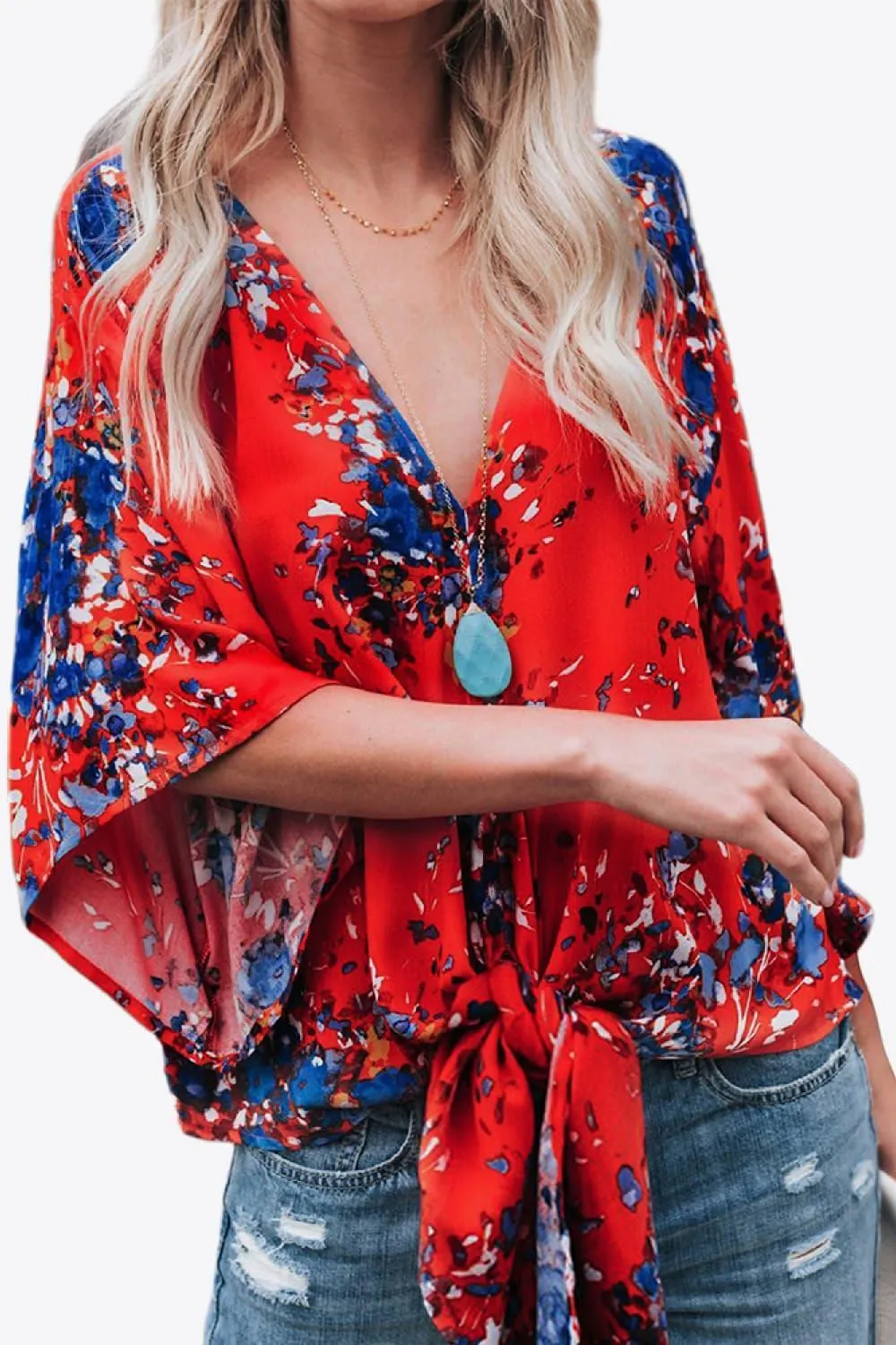 Quintessential Deep V Neck Dolman Sleeve Blouse