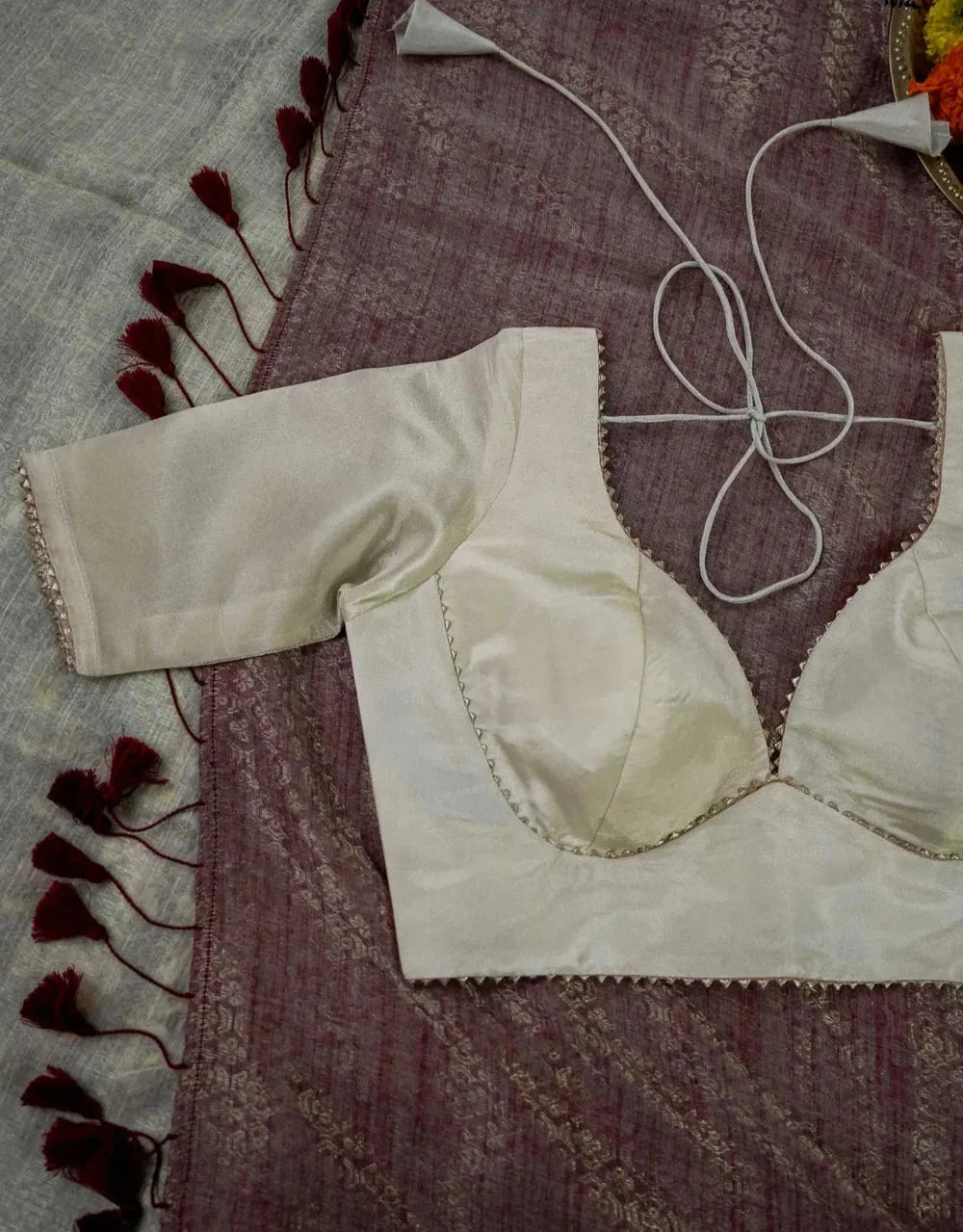 Readymade Creme Viscose Zari Blouse With Dome Neck