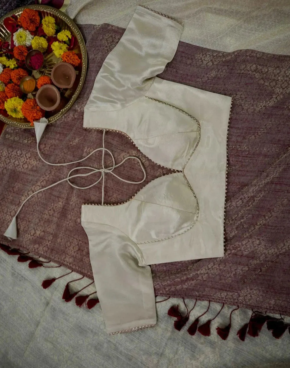 Readymade Creme Viscose Zari Blouse With Dome Neck
