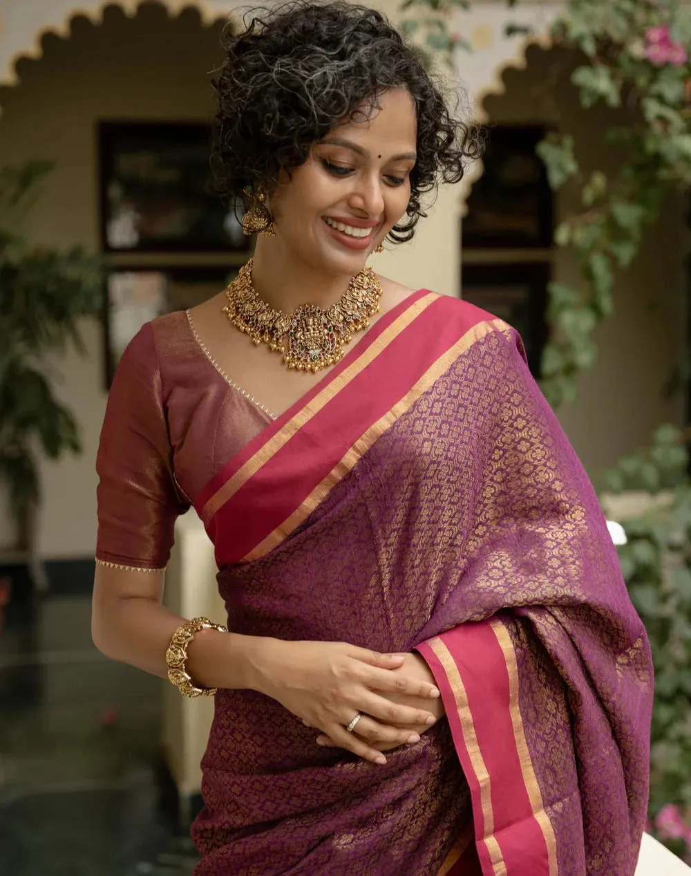 Readymade Magenta Viscose Zari Blouse With Dome Neck