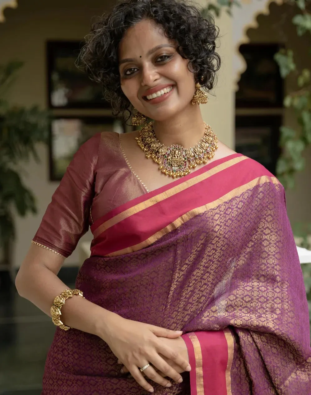 Readymade Magenta Viscose Zari Blouse With Dome Neck