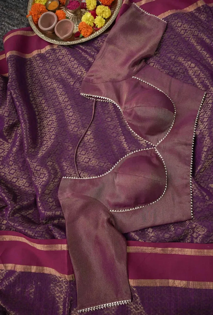 Readymade Magenta Viscose Zari Blouse With Dome Neck